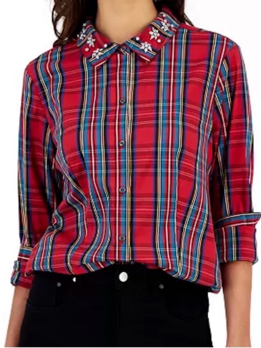 Charter Club Red Plaid Button-Down Shirt with Embellished Collar